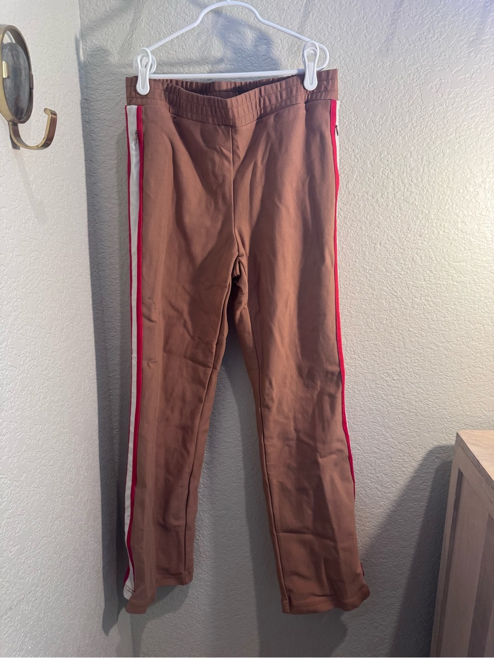 Brown Track Pants with Red & White Side Stripes